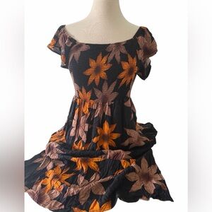 Black Floral Smocked Midi Dress with Orange Flowers